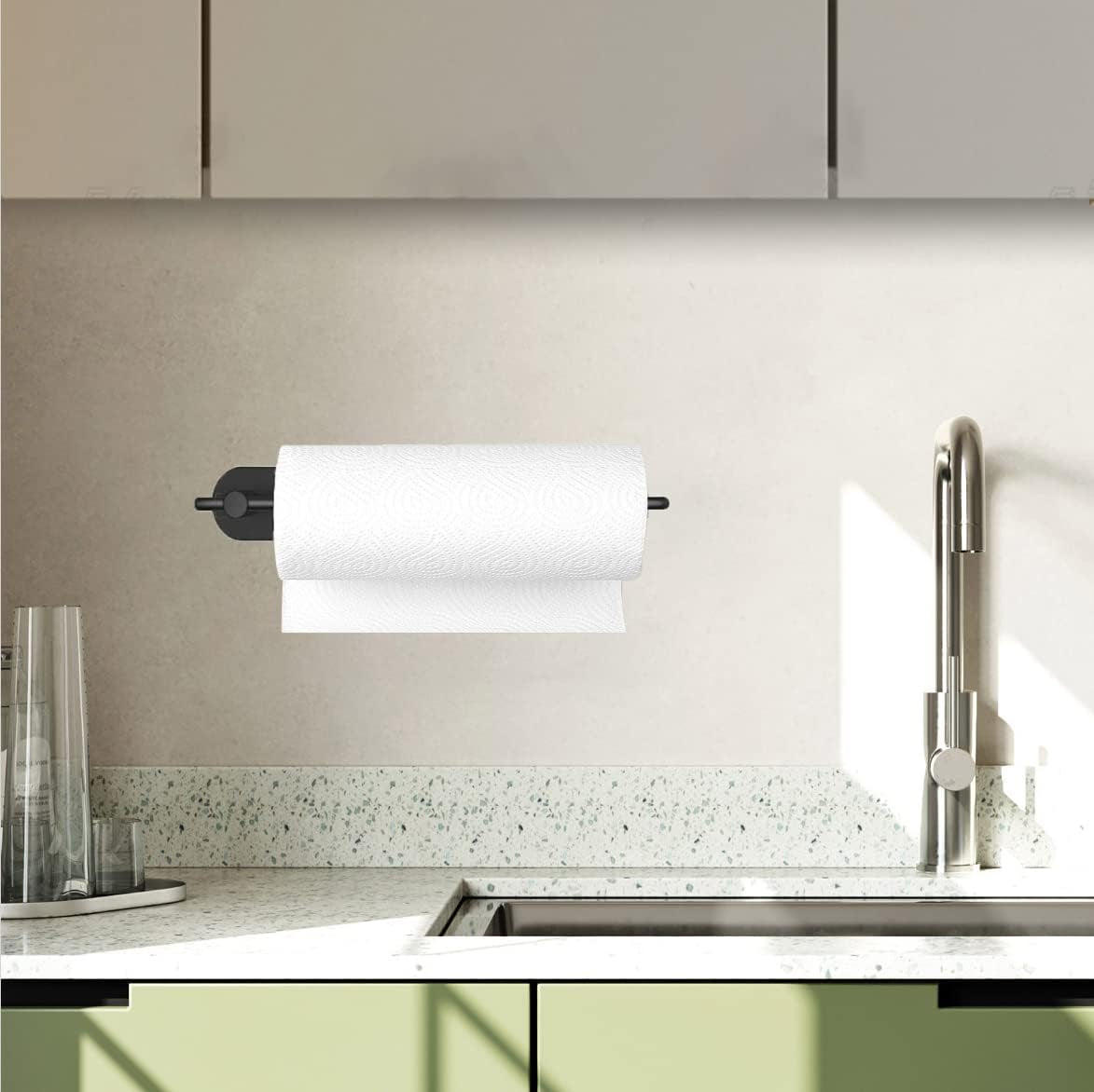 Paper Towel Holder under Kitchen Cabinet - Self Adhesive or Drilling Paper Towel Holder Stick on Wall for Kitchen, Bathroom, Cabinets, SUS304 Stainless Steel - Black