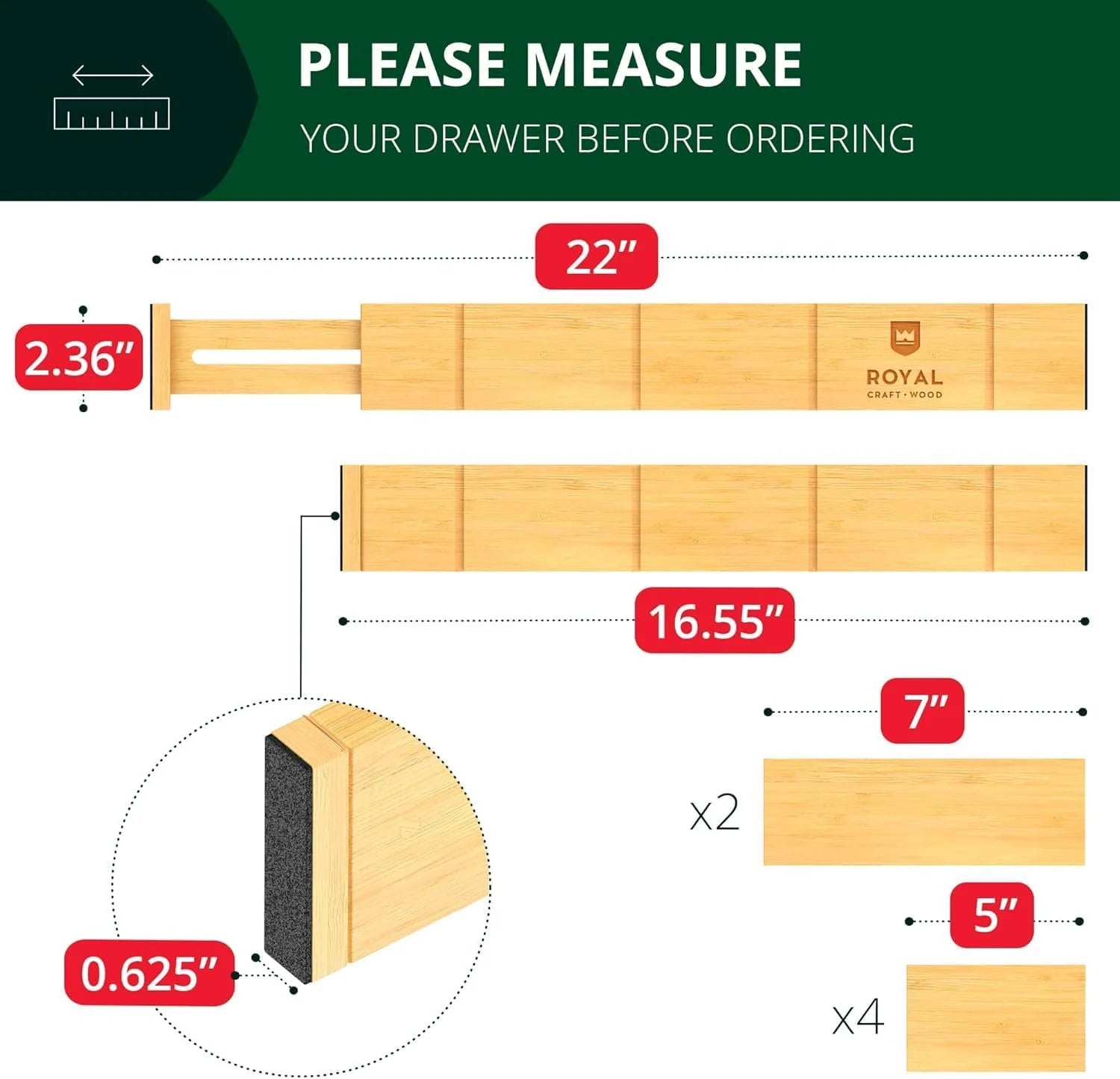 Expandable Bamboo Drawer Dividers with Inserts โ 4-Pack Adjustable Organizer Separators for Kitchen, Bedroom, Dresser, Bathroom, Cabinet & Office Storage (17โ22", Natural)