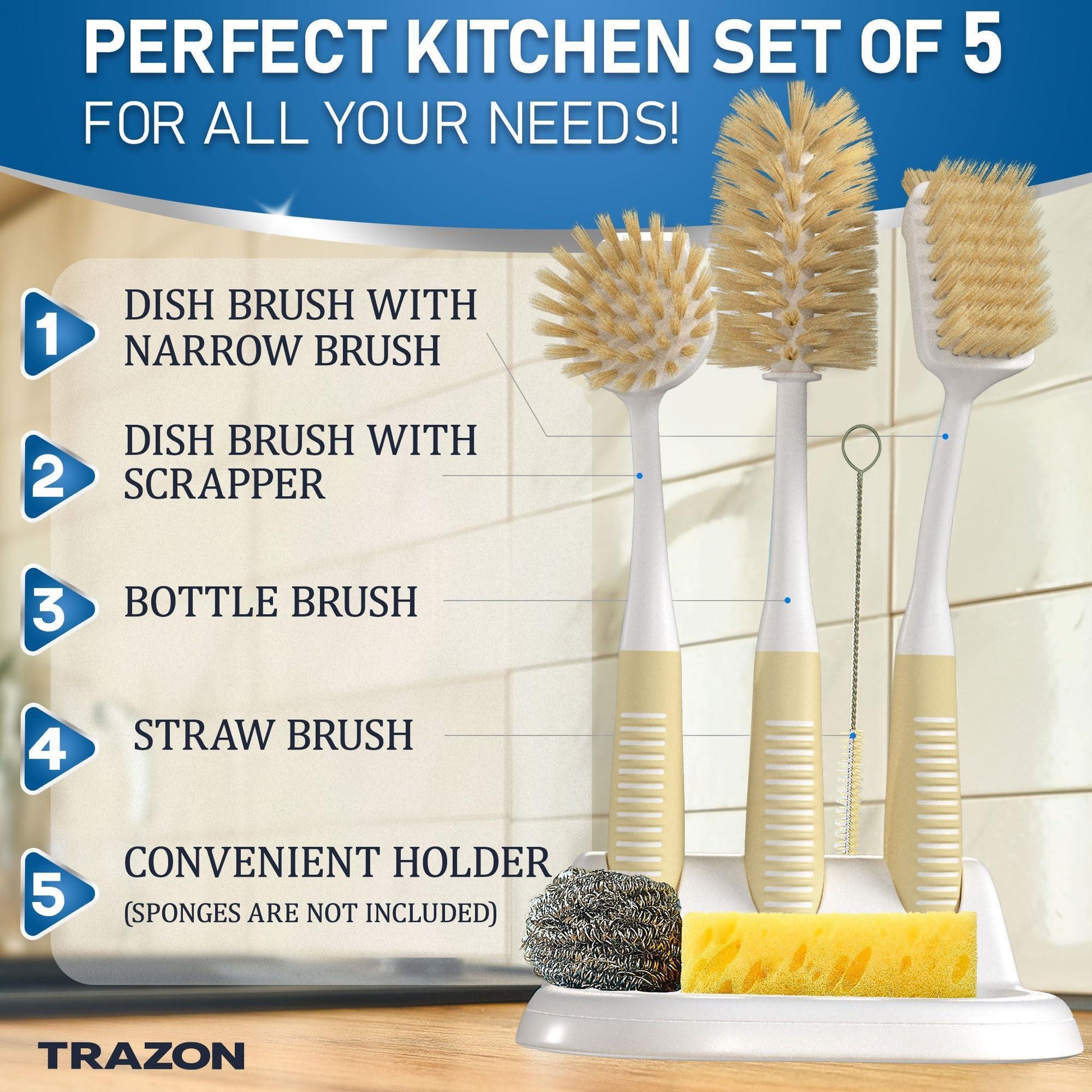 Dish Brush Set of 5 with Convenient Holder Bottle Water Brush Dish Scrub Brush Scrubber Brush and Straw Brush Kitchen Scrub Brushes Non Slip Long Handle for Sink Dishes Cup Pot