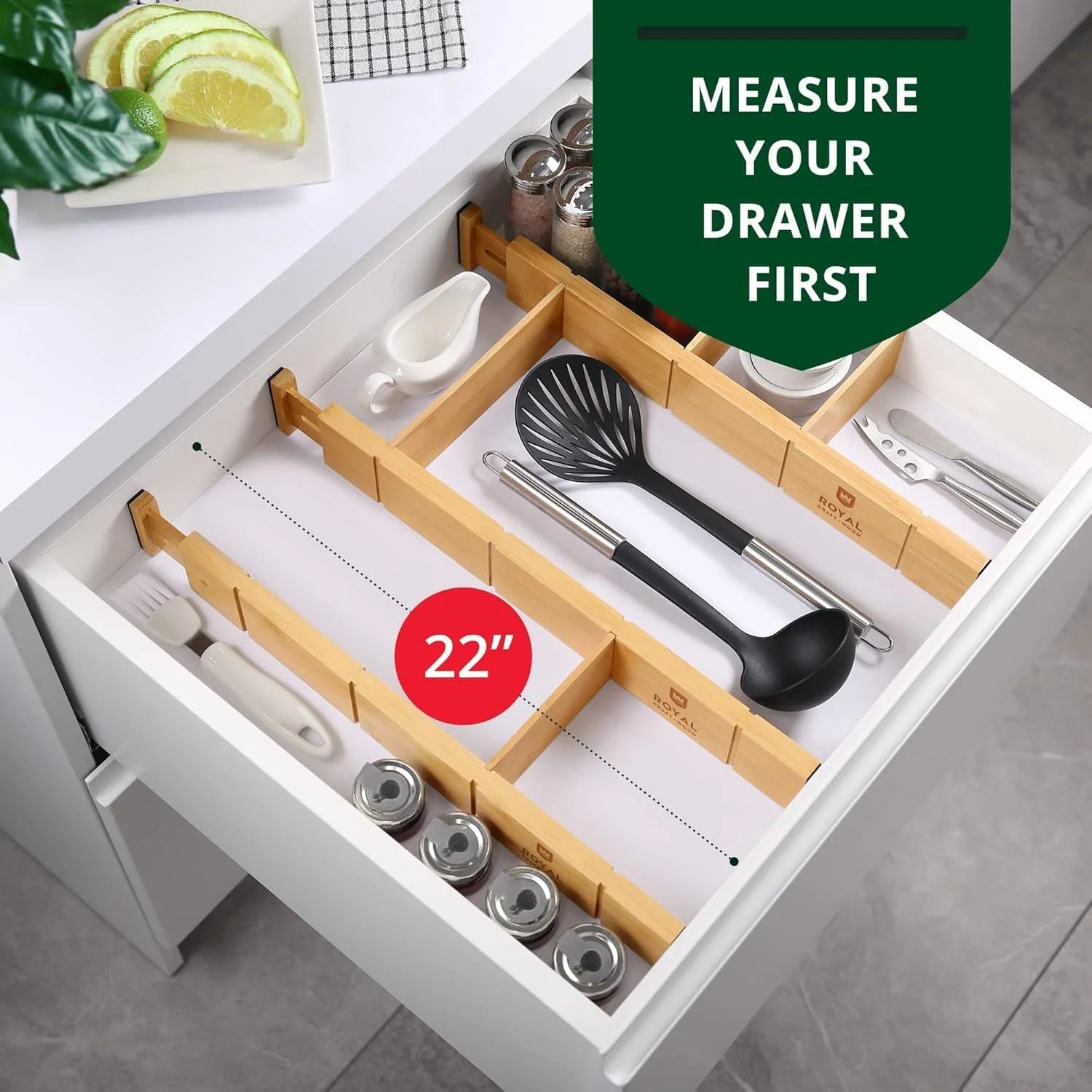 Expandable Bamboo Drawer Dividers with Inserts โ 4-Pack Adjustable Organizer Separators for Kitchen, Bedroom, Dresser, Bathroom, Cabinet & Office Storage (17โ22", Natural)