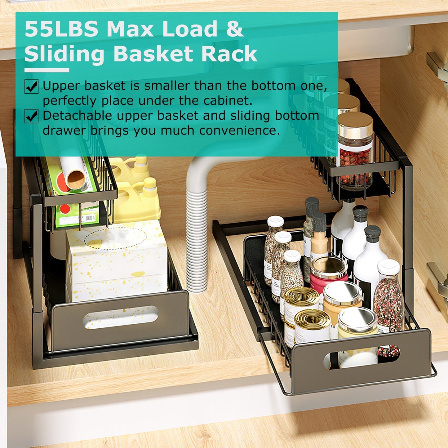 2 Tier under Sink Organizer Sliding Storage Drawer for Kitchen Bathroom Cabinet