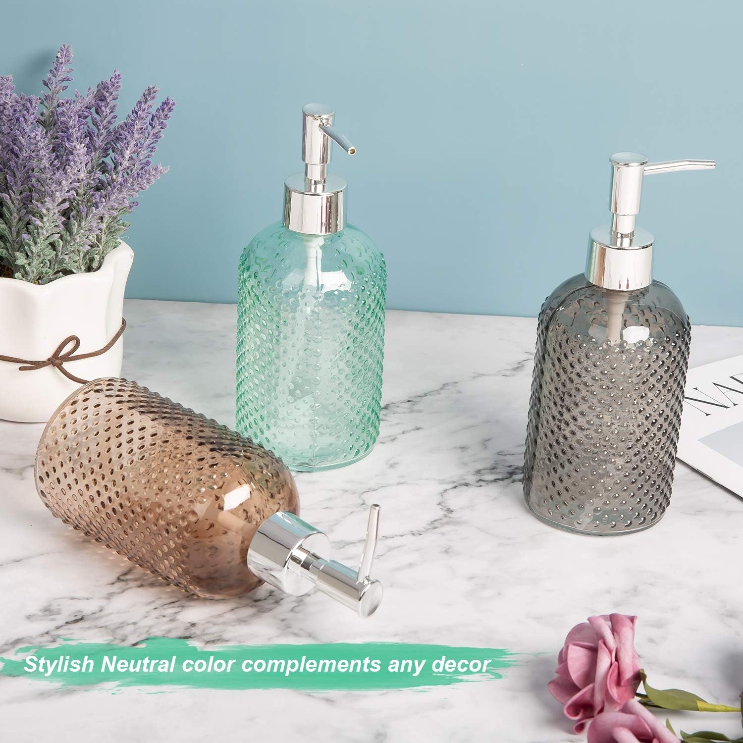 3 Pack Assorted Glass 15 Ounce Lotion Soap Dispenser Bottle with Pump for Bathroom, Kitchen