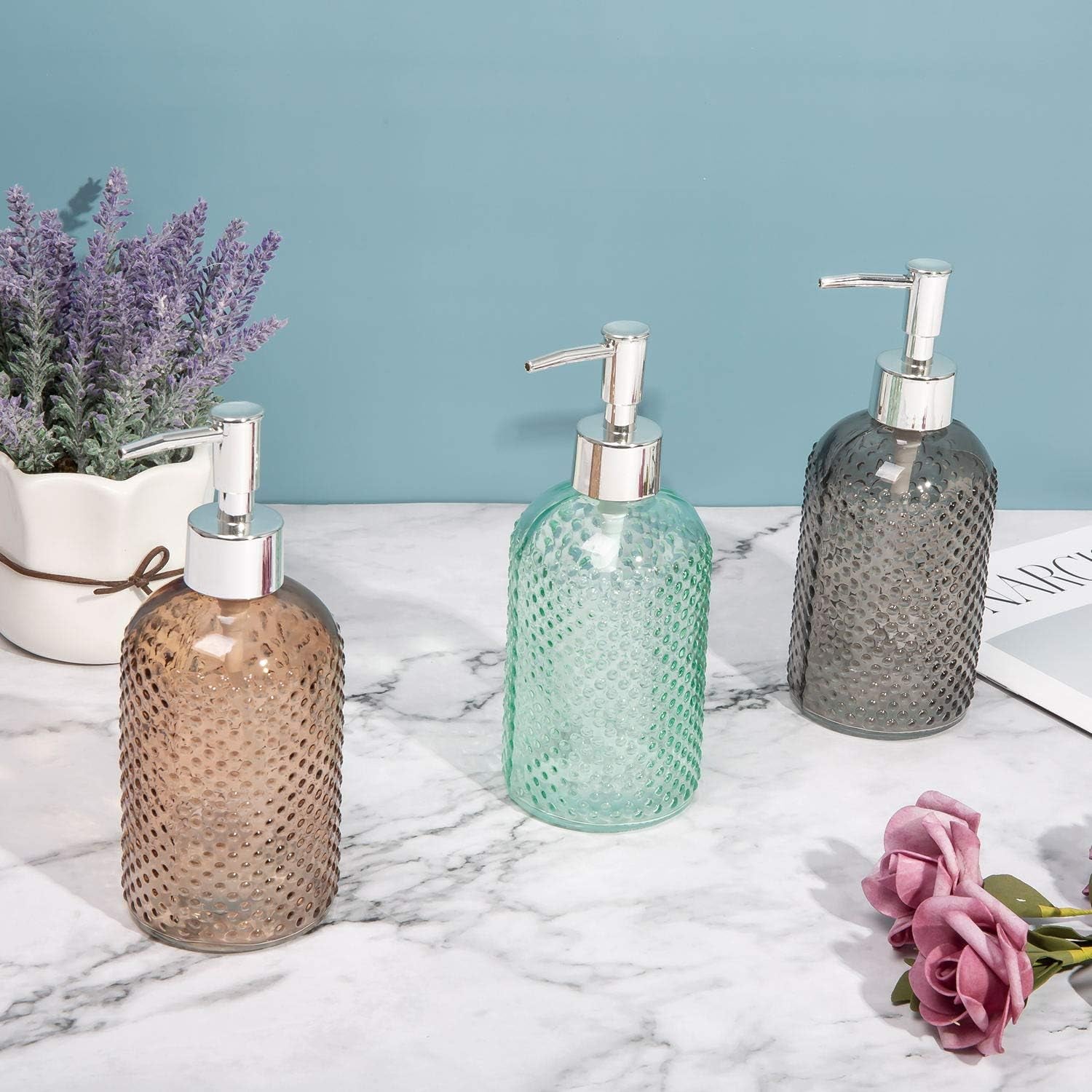 3 Pack Assorted Glass 15 Ounce Lotion Soap Dispenser Bottle with Pump for Bathroom, Kitchen