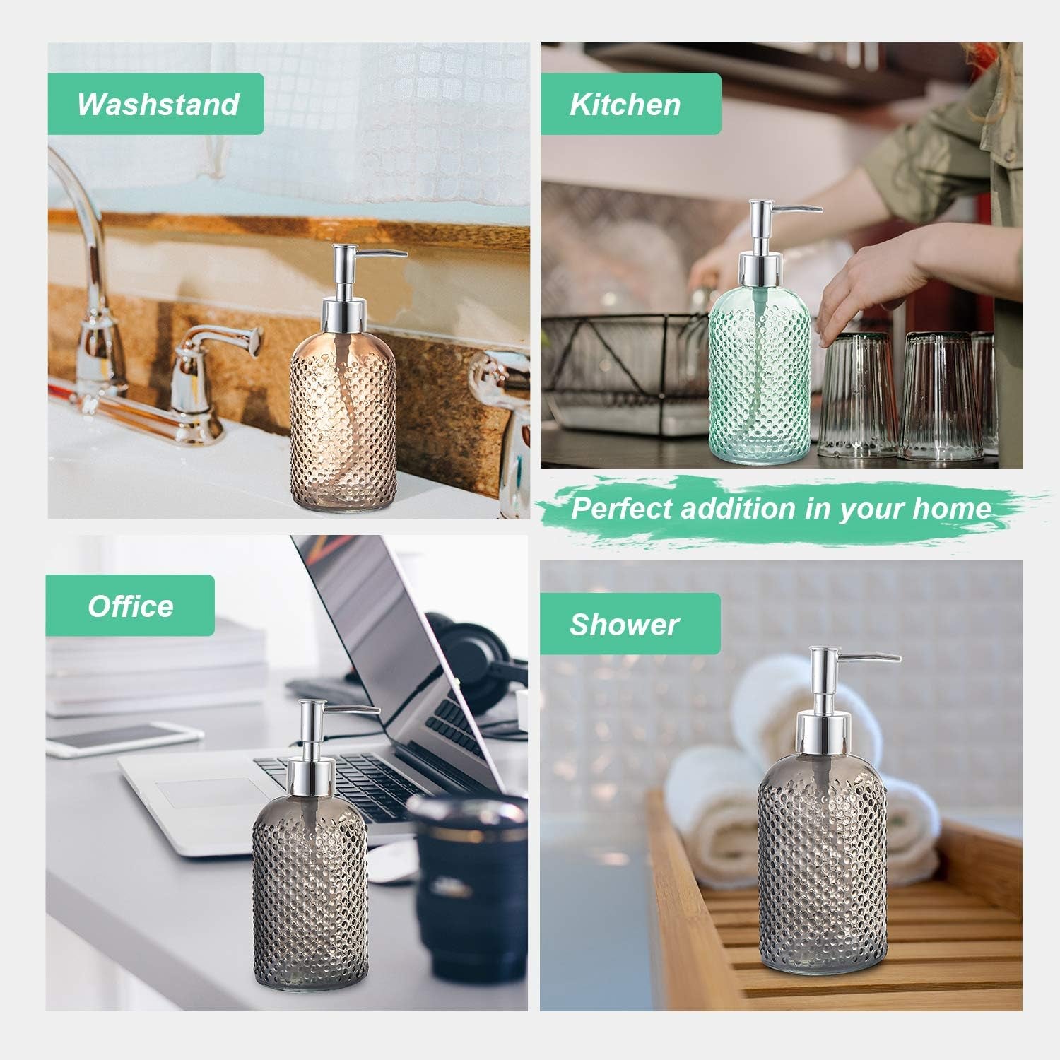 3 Pack Assorted Glass 15 Ounce Lotion Soap Dispenser Bottle with Pump for Bathroom, Kitchen