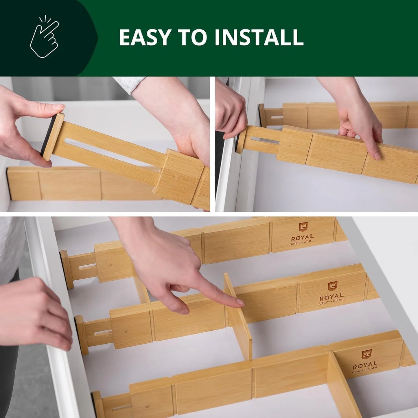 Expandable Bamboo Drawer Dividers with Inserts โ 4-Pack Adjustable Organizer Separators for Kitchen, Bedroom, Dresser, Bathroom, Cabinet & Office Storage (17โ22", Natural)