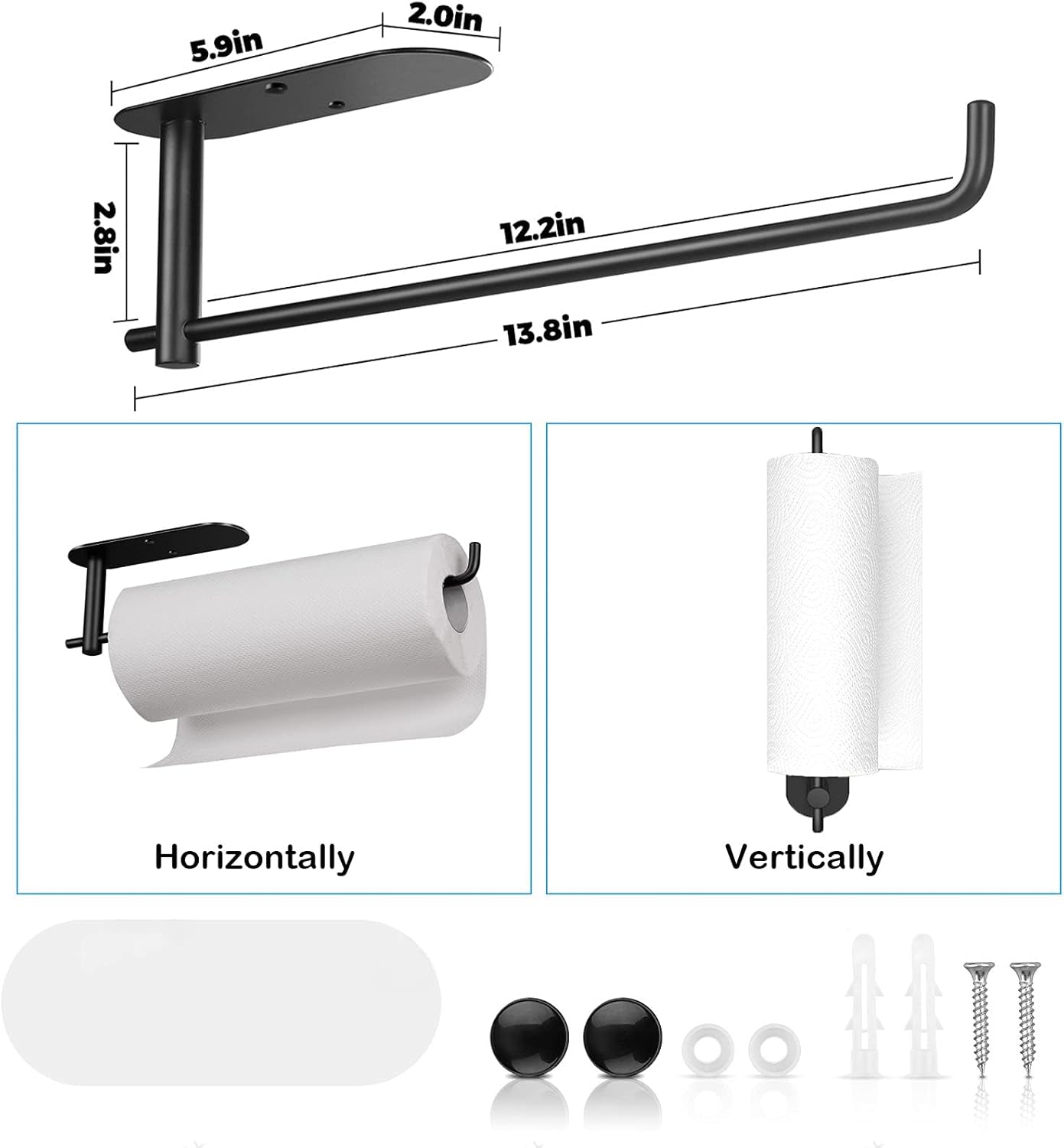 Paper Towel Holder under Kitchen Cabinet - Self Adhesive or Drilling Paper Towel Holder Stick on Wall for Kitchen, Bathroom, Cabinets, SUS304 Stainless Steel - Black