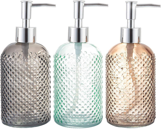 3 Pack Assorted Glass 15 Ounce Lotion Soap Dispenser Bottle with Pump for Bathroom, Kitchen