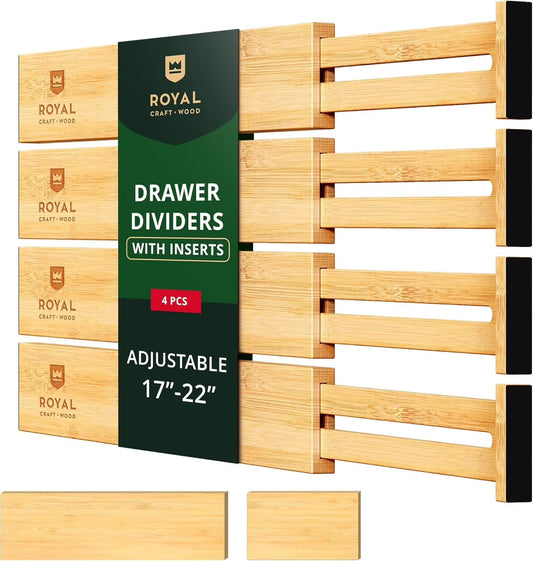 Expandable Bamboo Drawer Dividers with Inserts – 4-Pack Adjustable Organizer Separators for Kitchen, Bedroom, Dresser, Bathroom, Cabinet & Office Storage (17–22", Natural)